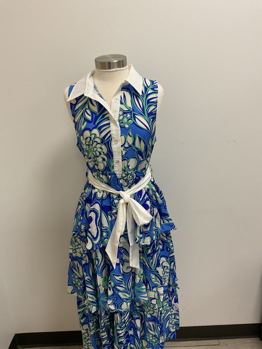BOTANICAL PRINT SLEEVELESS TIERED MIDI DRESS - BLUE