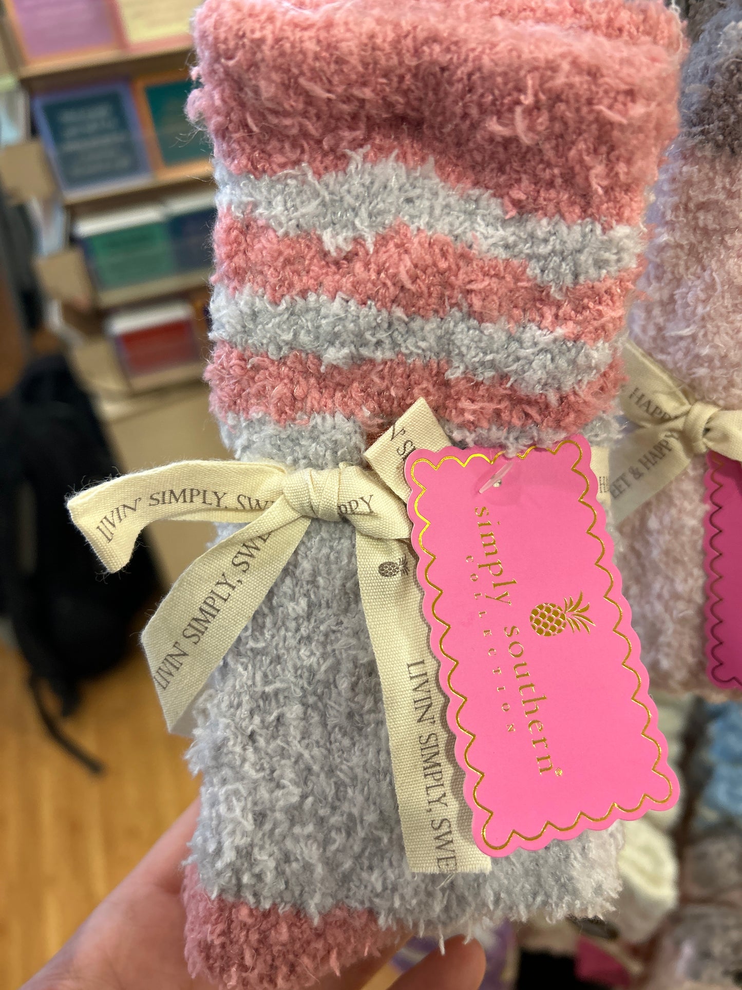 SIMPLY SOUTHERN FUZZY SOCKS- PURPLE/PINK STRIPE