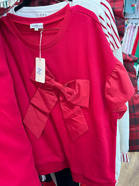 CONTRAST RIBBON RUFFLE SLEEVE TOP - RED - 2X