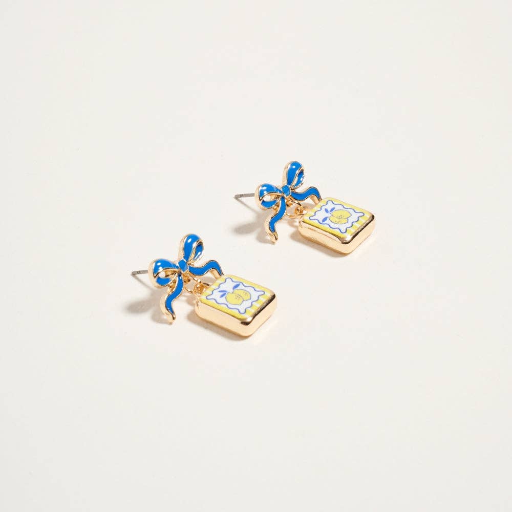 VINTAGE FRUIT PLANT PRINT TILE ENAMEL BOW EARRINGS