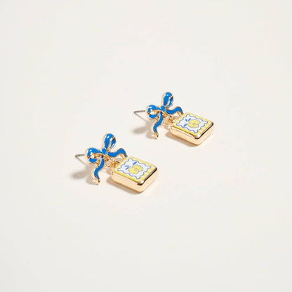 VINTAGE FRUIT PLANT PRINT TILE ENAMEL BOW EARRINGS