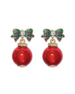 PLAID BOW WITH RED BALL EARRINGS