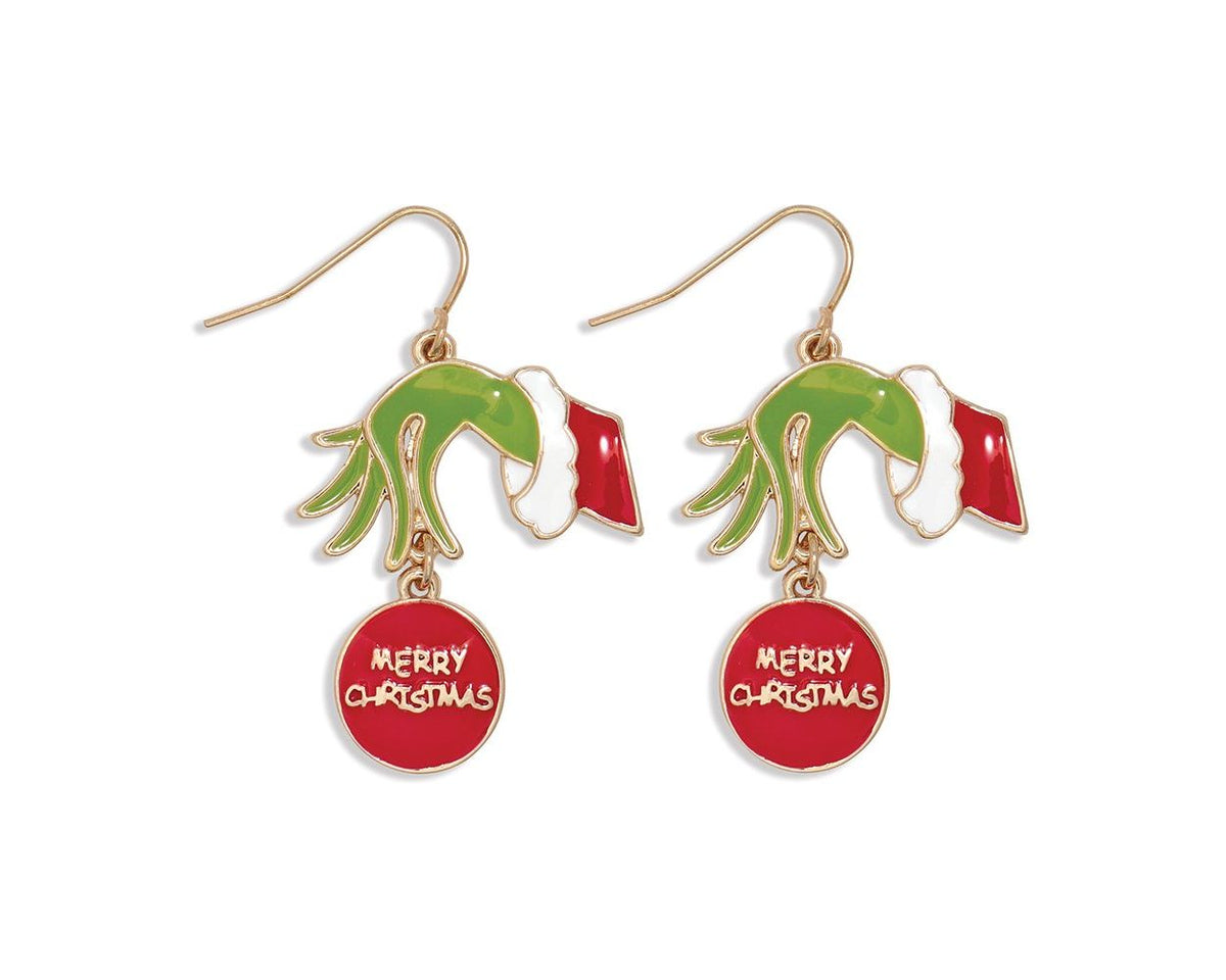 GOLD GREEN HAND WITH MERRY CHRISTMAS ORNAMENT ENAMEL EARRINGS