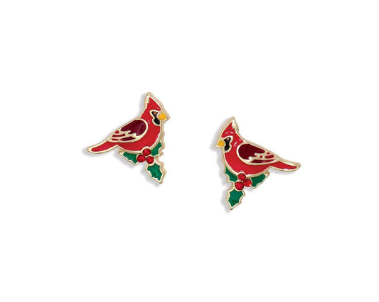 GOLD ENAMEL CARDINALS AND HOLLY EARRINGS