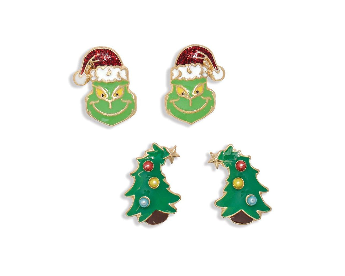 GRINCH AND LEANING TREE WITH PEARLS SET OF 2 ENAMEL EARRINGS