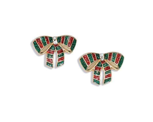 RED AND GREEN GLITTER STRIPED BOW ENAMEL EARRINGS