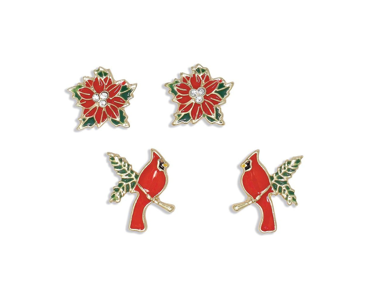 GOLD POINSETTIA AND CARDINAL 2 PAIR SET OF ENAMEL EARRINGS