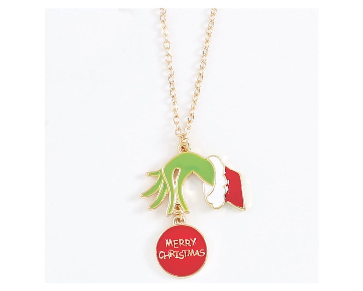 GOLD GREEN HAND WITH MERRY CHRISTMAS ORNAMENT ENAMEL NECKLACE