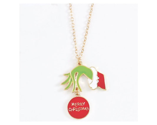 GOLD GREEN HAND WITH MERRY CHRISTMAS ORNAMENT ENAMEL NECKLACE