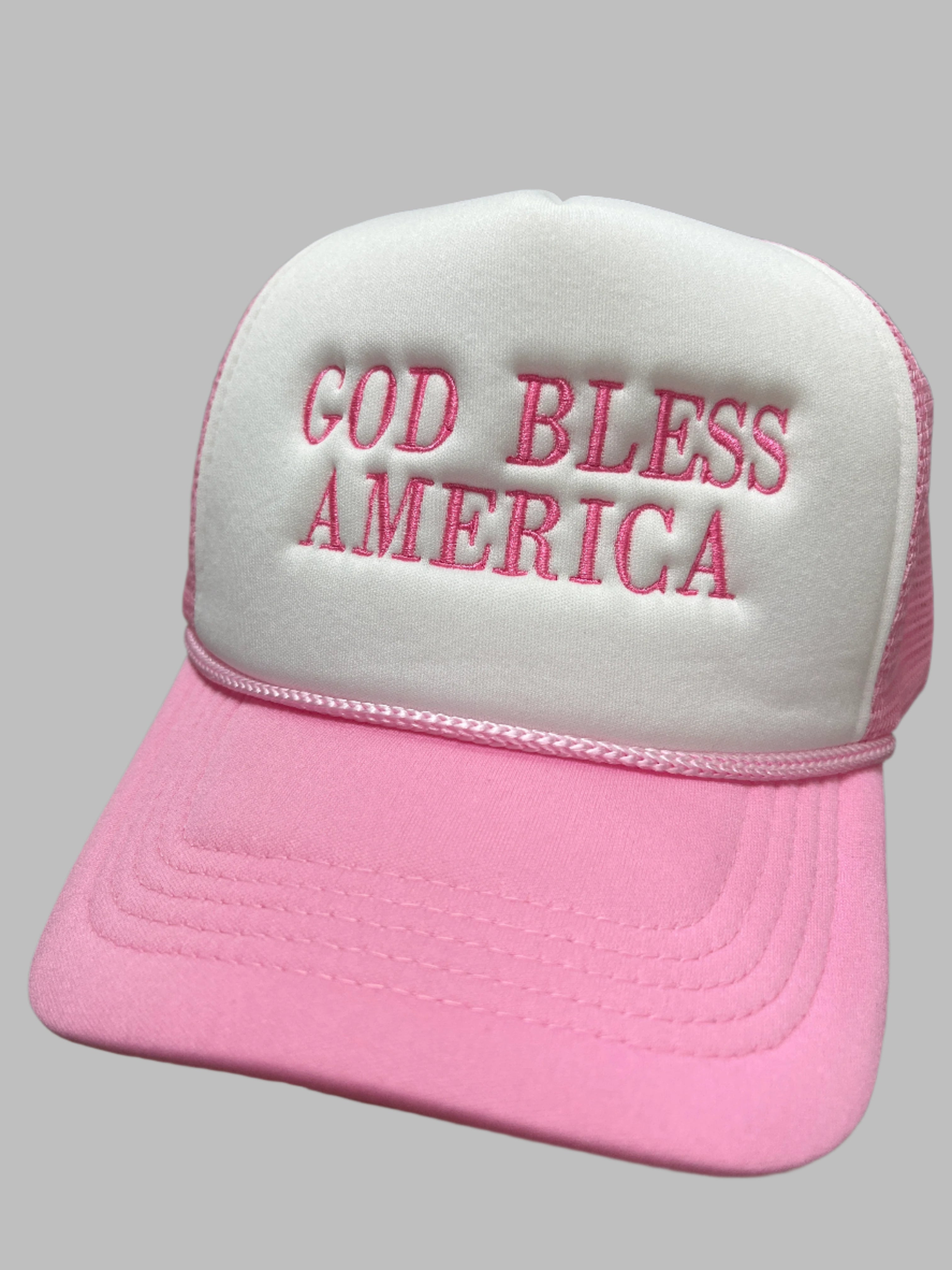 PINK & WHITE TRUCKER HAT - GOD BLESS AMERICA