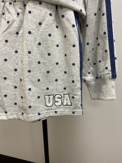 POLKA DOT PRINTED "USA" TOWEL EMBROIDERY SWEATSHIRT AND SHORTS 2 PC. SET - GREY/NAVY