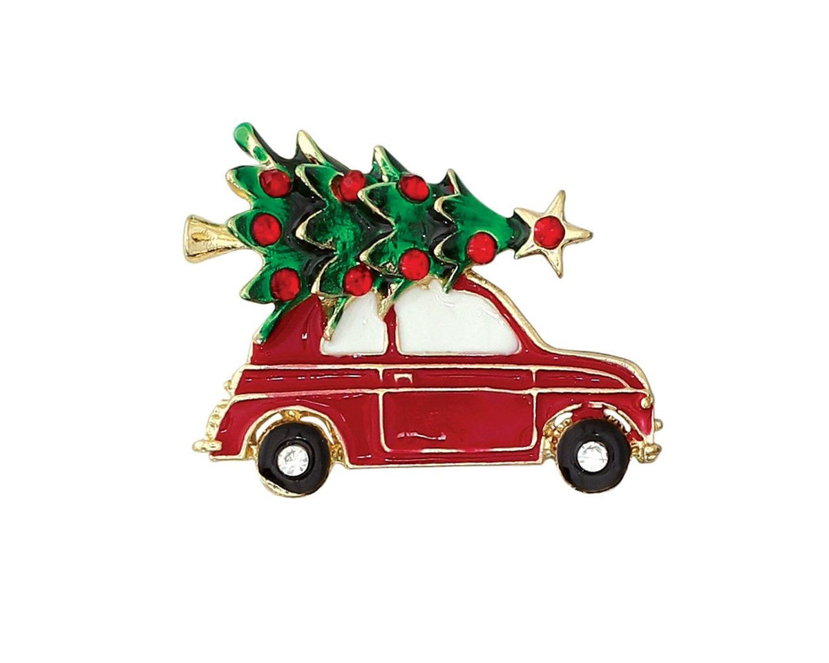 RED CAR CARRYING CHRISTMAS TREE PIN