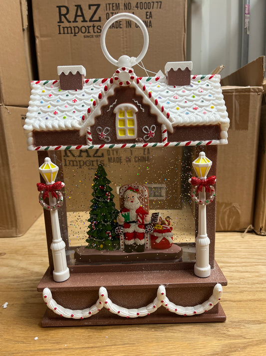 SANTA GINGERBREAD HOUSE GLITTER LANTERN