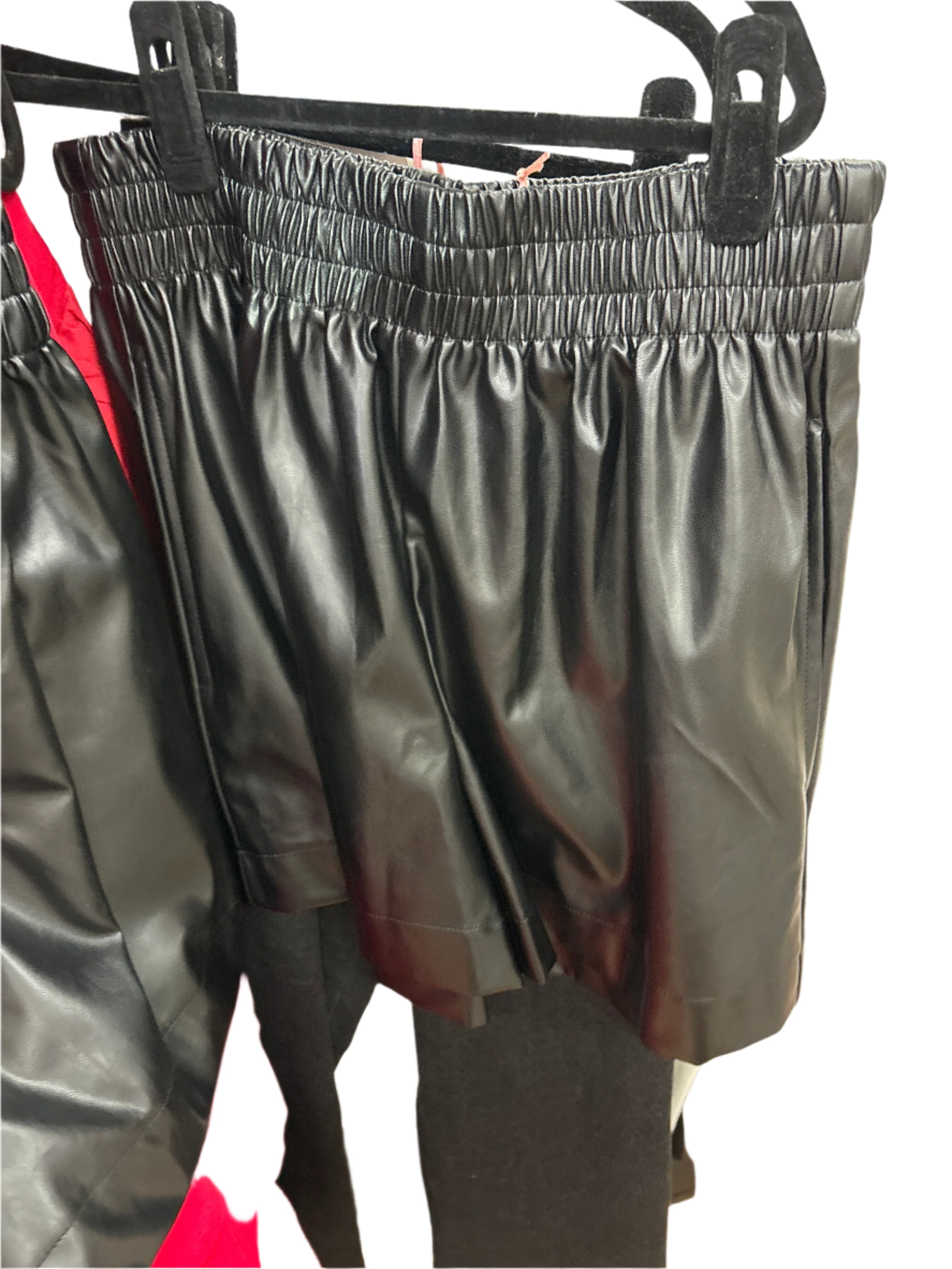 BLACK VEGAN LEATHER FLARE PANTS AND SHORTS