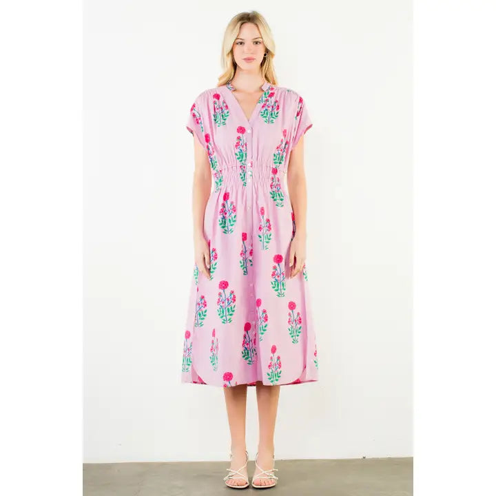 SHORT SLEEVE FLORAL PRINT MIDI DRESS