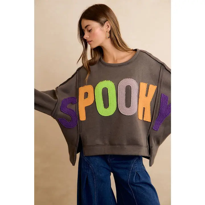HALLOWEEN SPOOKY CHENILLE APPLIQUE CHARCOAL SWEATSHIRT