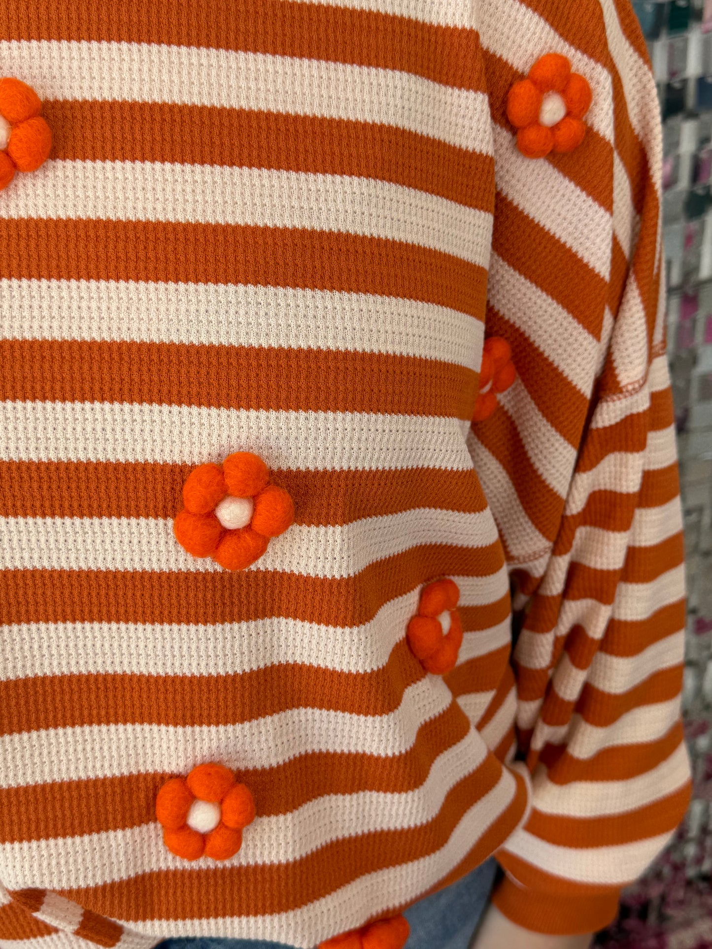 Orange and Ivory Striped Sweater with Orange Flower Embellishments