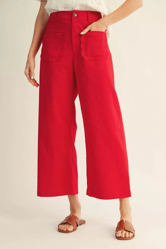 HIGH WAIST WIDE LEG PANTS WITH SCALLOP POCKET