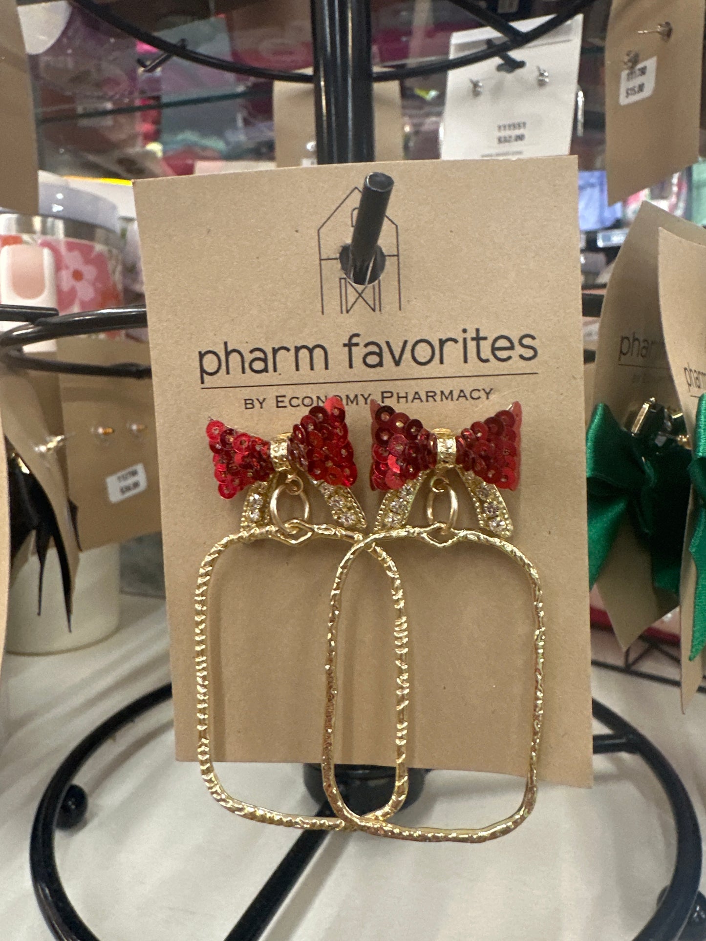 BETHANY BOW HOOPS - RED BOW/RECTANGLE - Pharm Favorites by Economy Pharmacy
