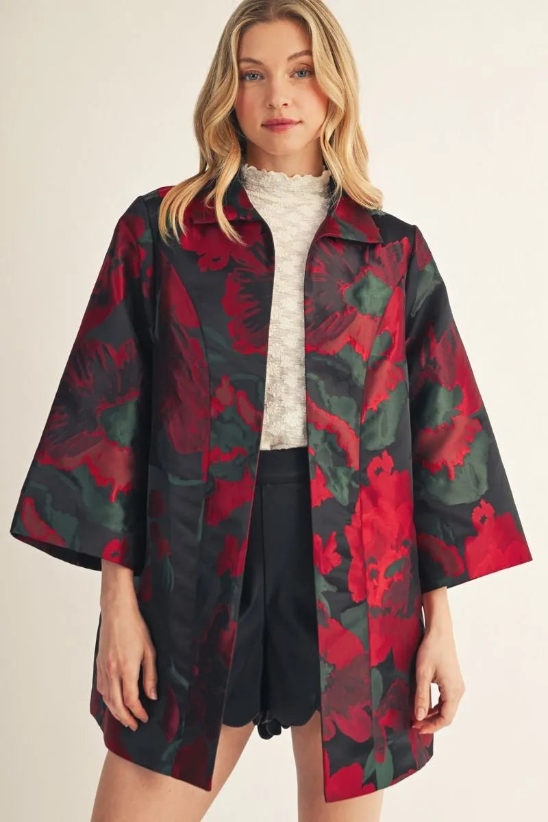 3/4 FLORAL JACQUARD PRINT KIMONO JACKET - RED MIX