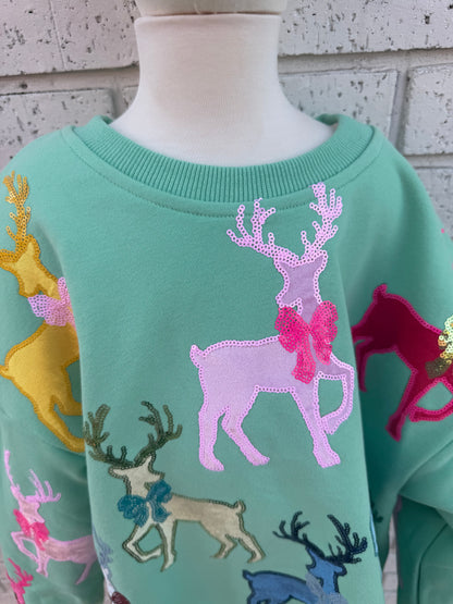 Youth Mint Green Sweatshirt with Velvet Reindeers & Bows