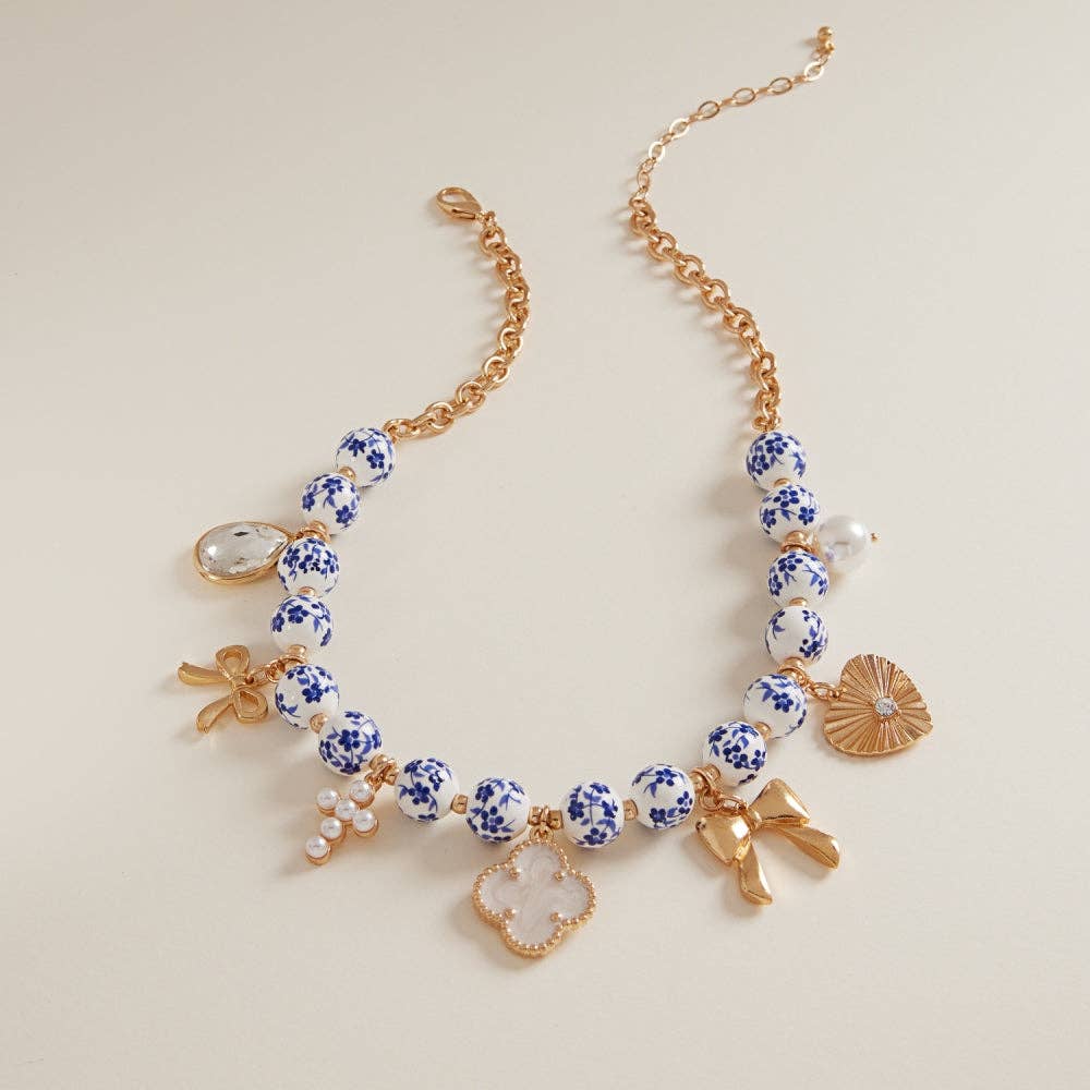 Mixed Metal Charms Ceramic Beads Swag Necklace