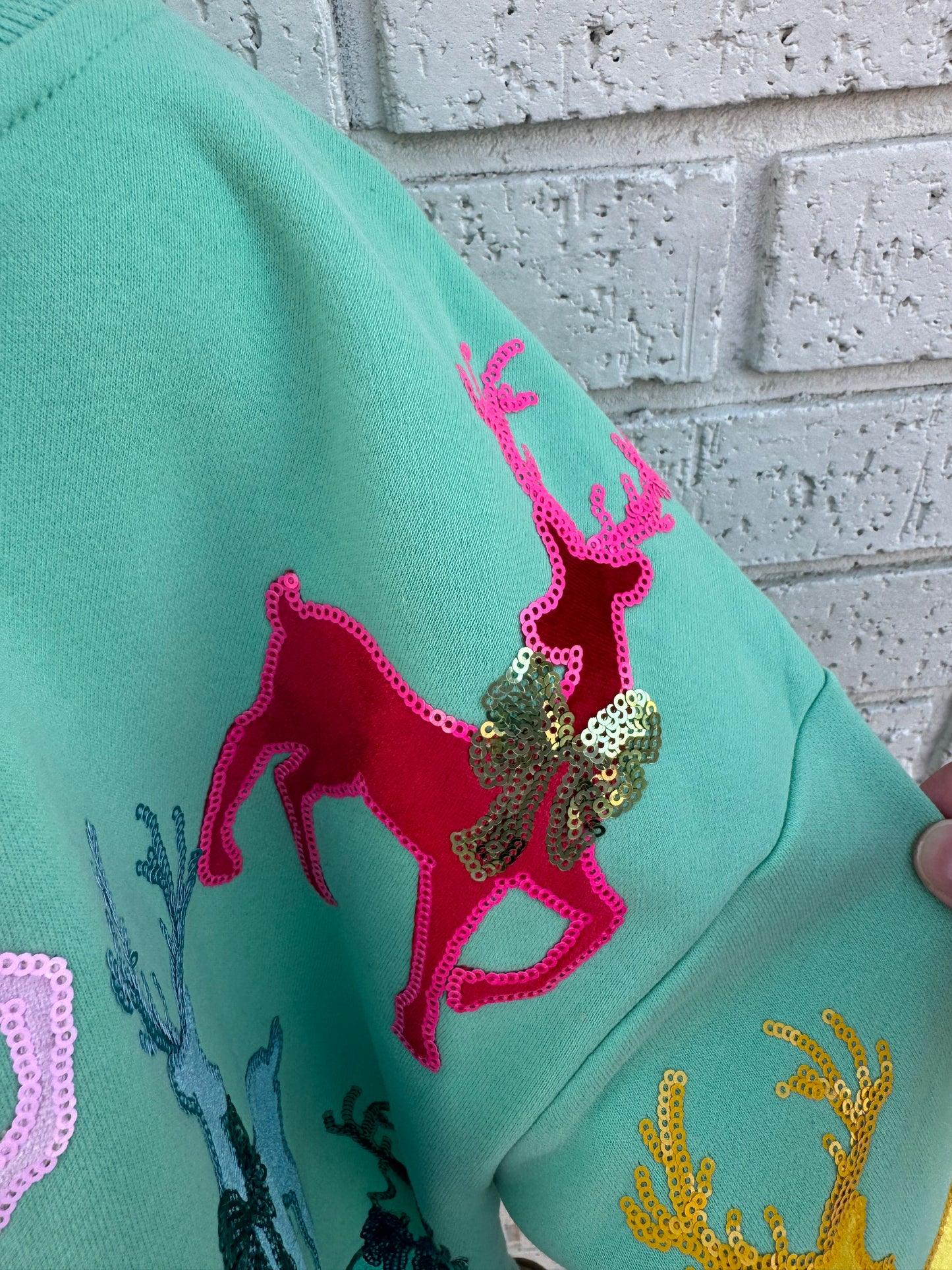 Youth Mint Green Sweatshirt with Velvet Reindeers & Bows