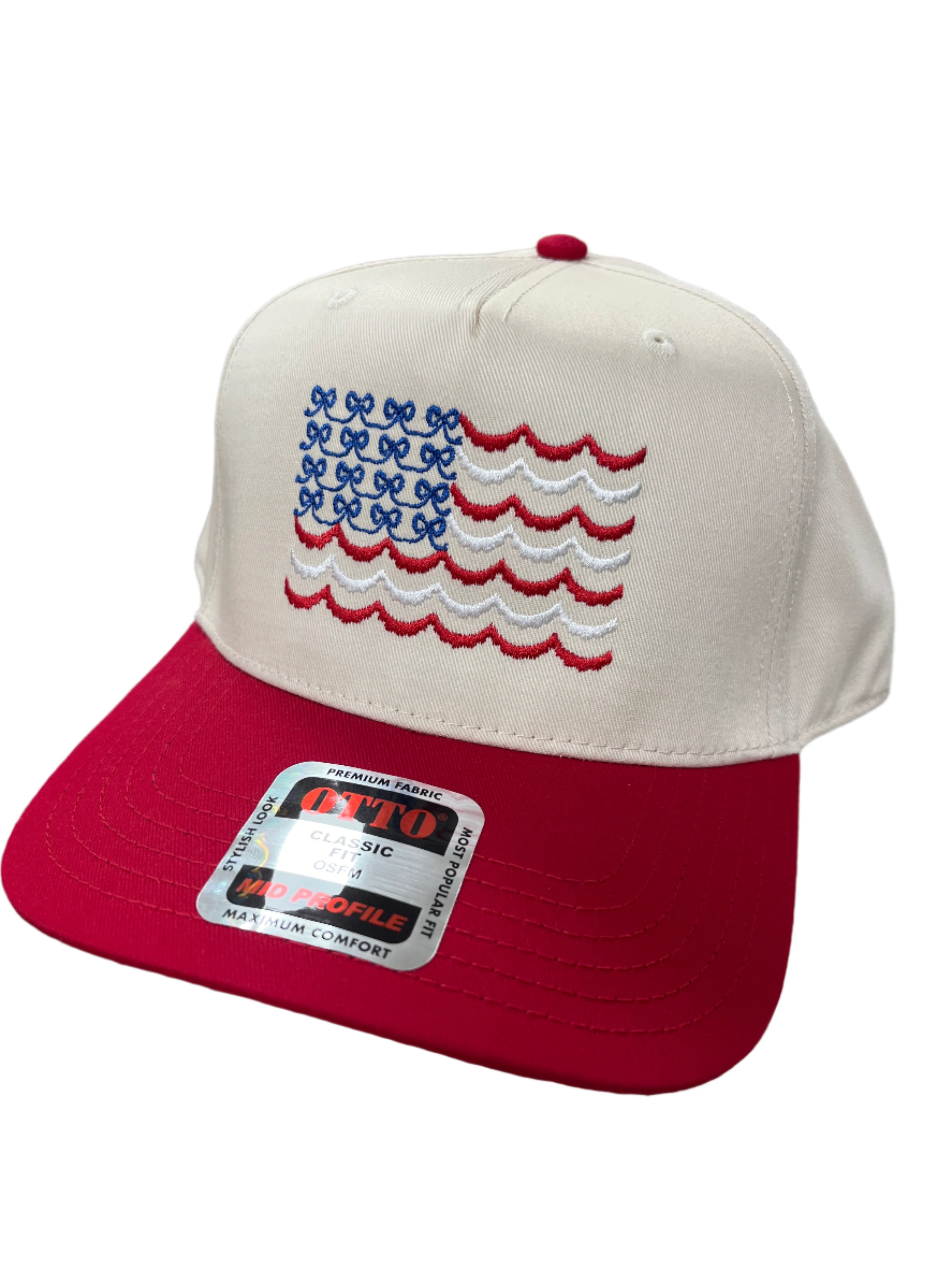 IVORY & RED HAT WITH BOWS & SCALLOPS AMERICAN FLAG