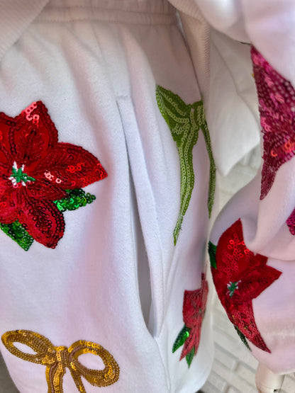 White Multi Bows & Poinsettia Sweatshirt & Short Set