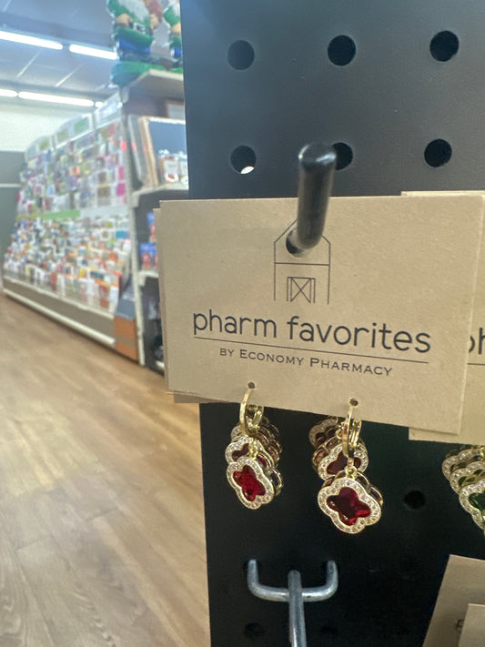 GOLD HOOPS W/CRYSTAL EDGED CLOVER - RED