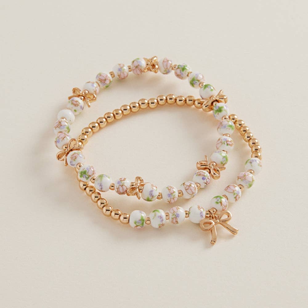 Ceramic Beads Metal Ribbon 2 Set Stretch Bracelet