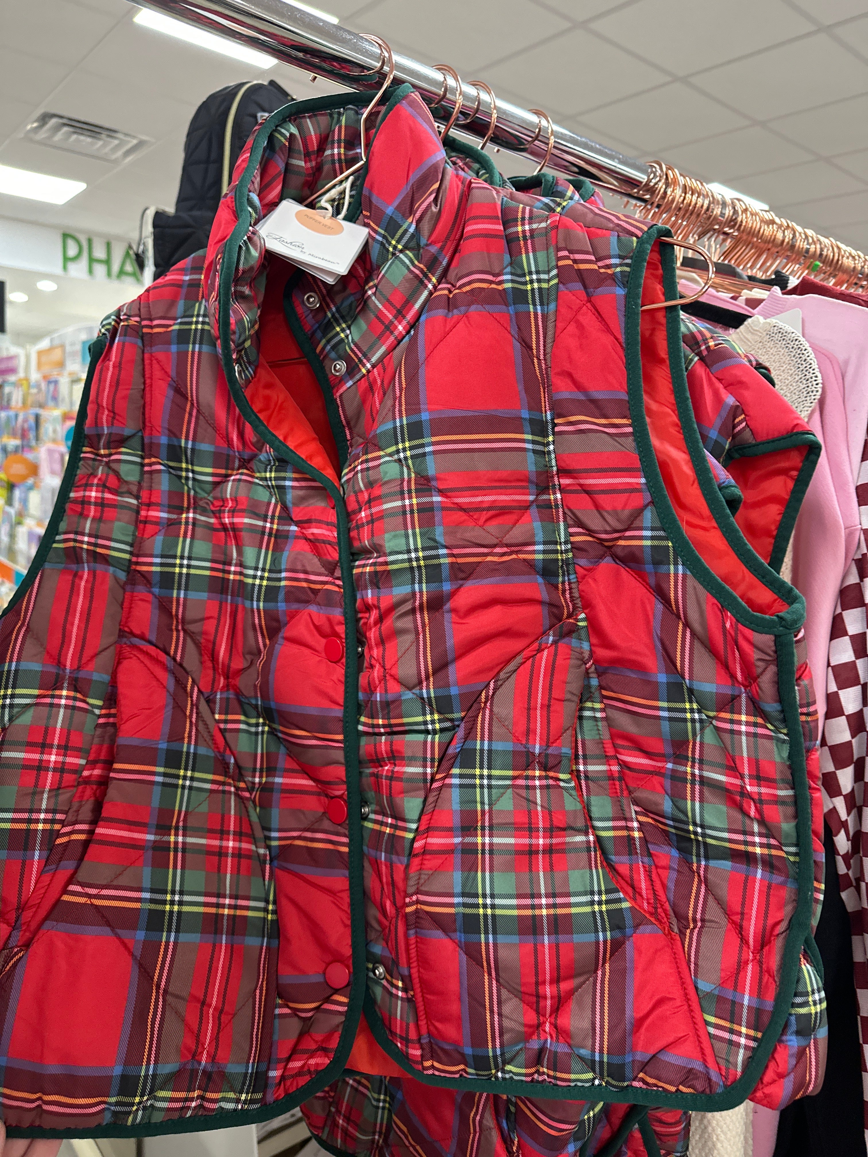 Ruby Red Plaid Crop Puffer Vest - Fashion by Mirabeau