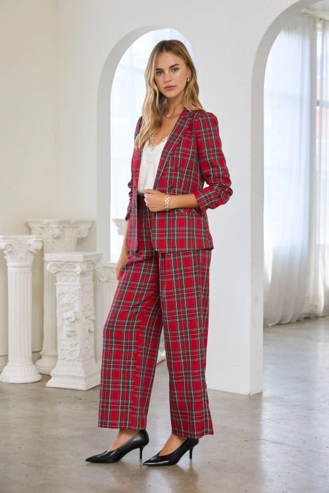 RED TARTAN PLAID DOUBLE BREASTED BLAZER