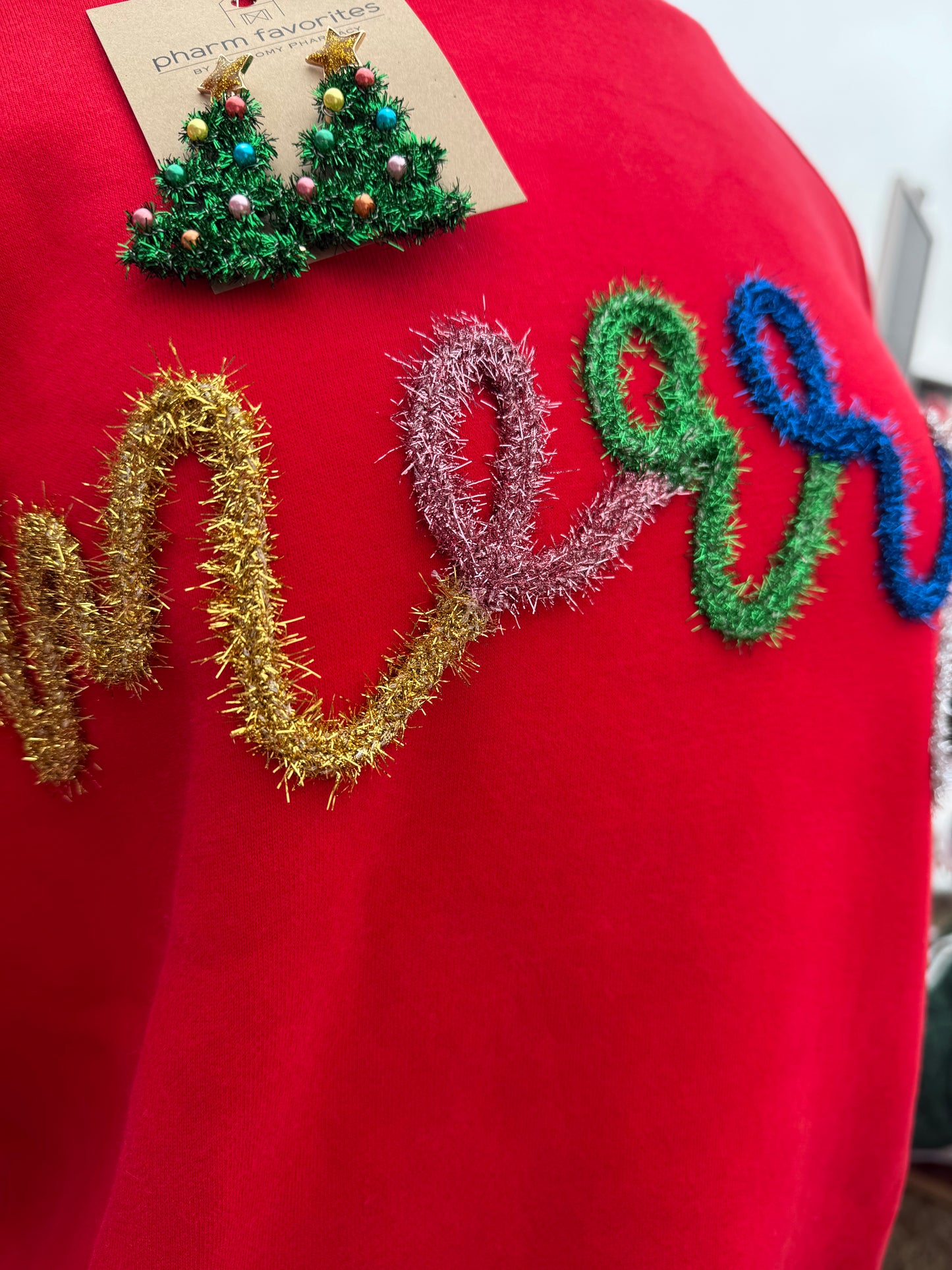 Red Sweatshirt with Tinsel Merry