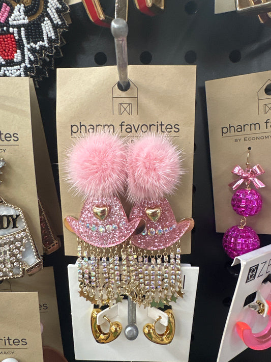 RANGER COWBOY HAT W/FRINGE EARRINGS - PINK