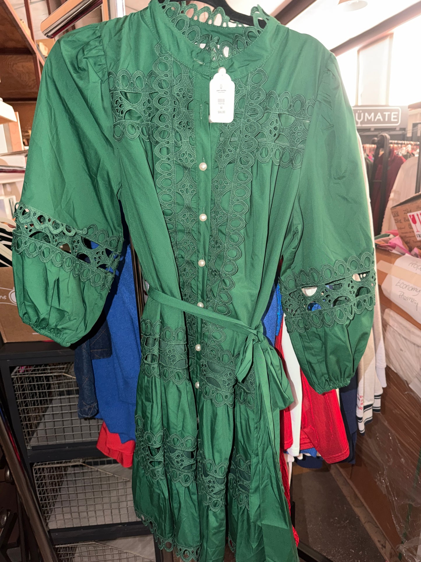GREEN EYELET LACE LONG SLEEVE DRESS