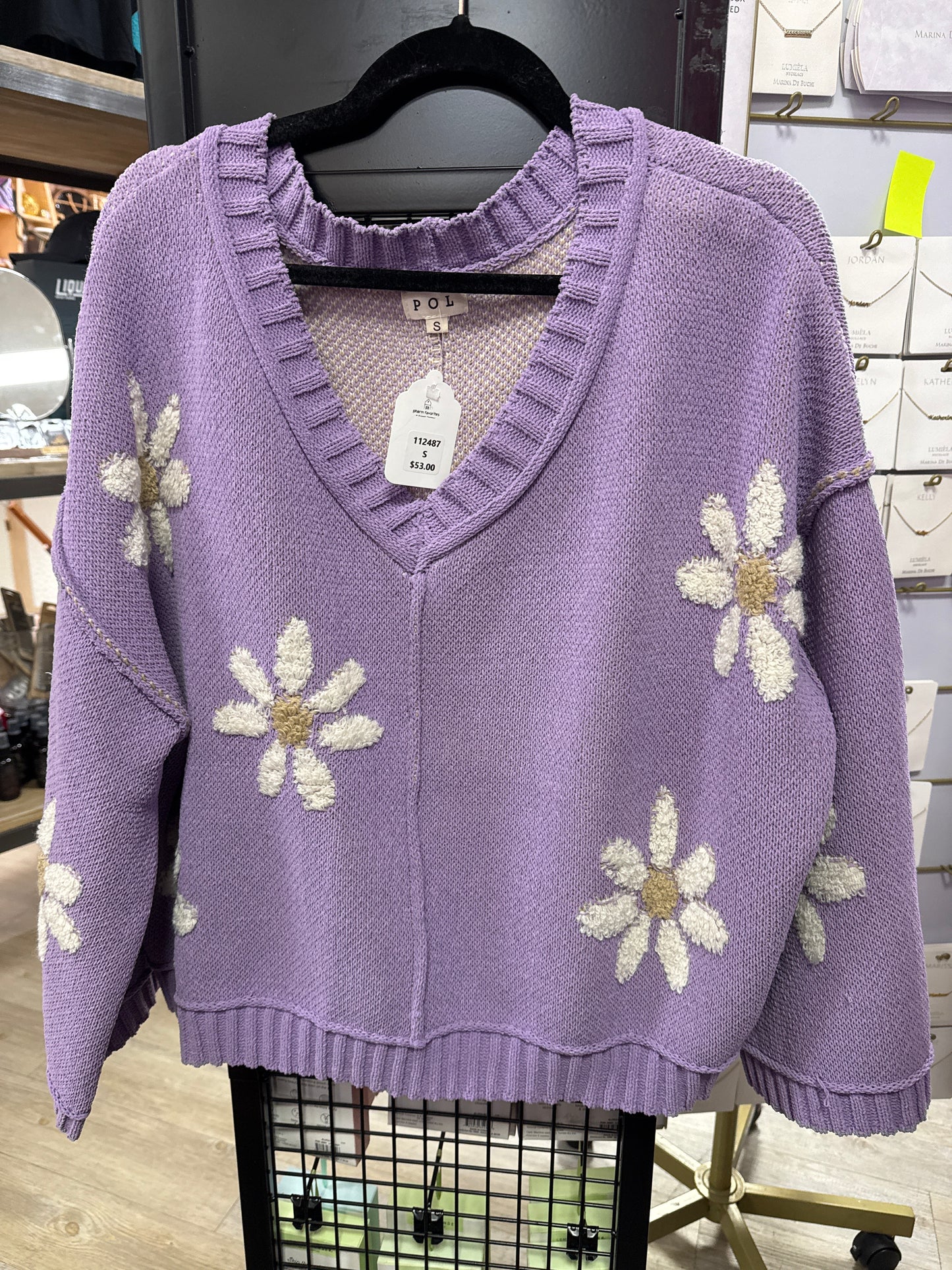 LAVENDER SWEATER W/WHITE FLOWERS