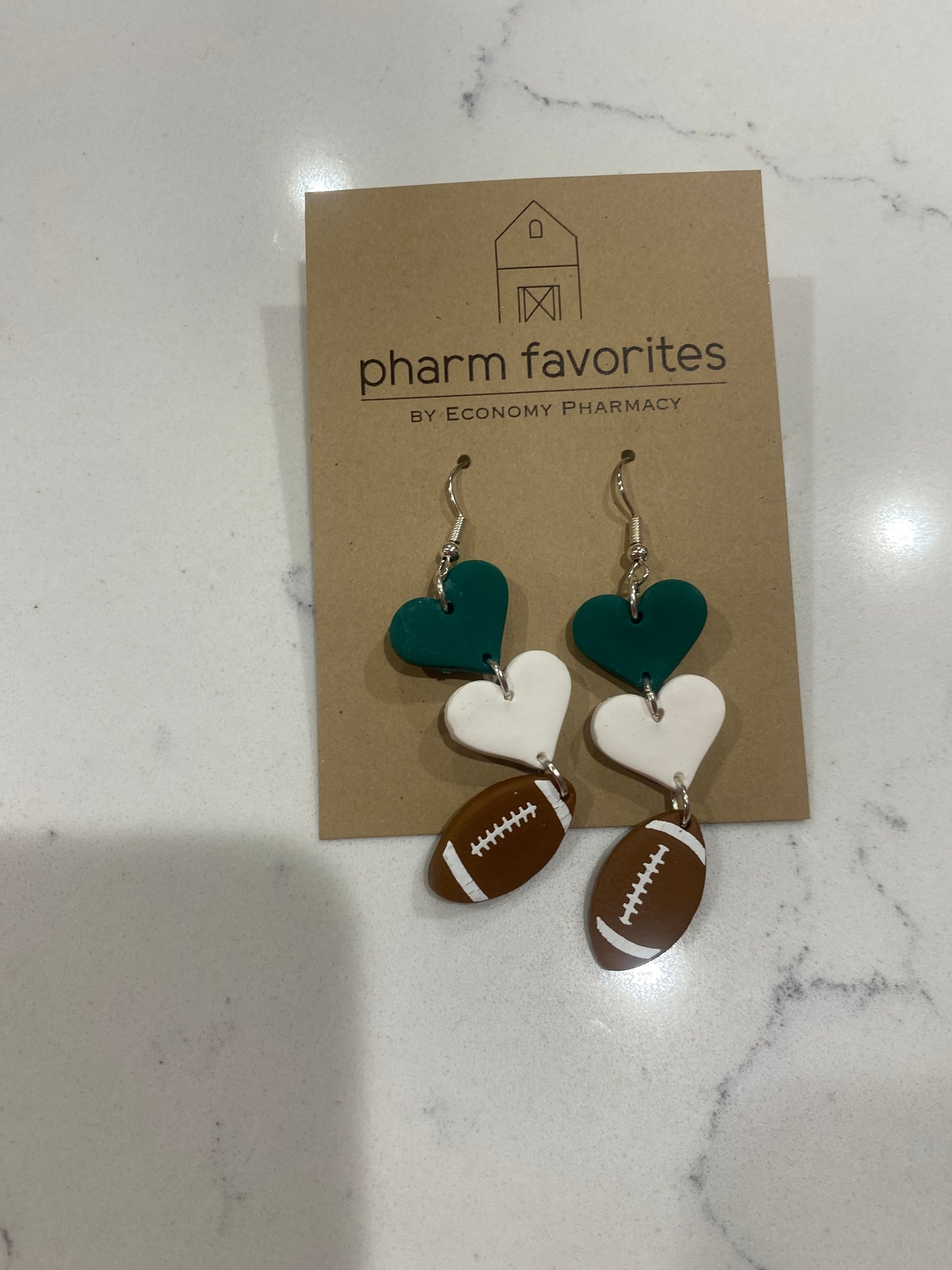 TIERED HEARTS & FOOTBALL EARRINGS - WHT/GRN - Pharm Favorites by Economy Pharmacy