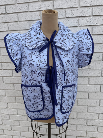 Blue Patterned Quilted Vest with Ties