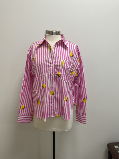PINK STRIPED BUTTON DOWN WITH LEMON EMBROIDERY
