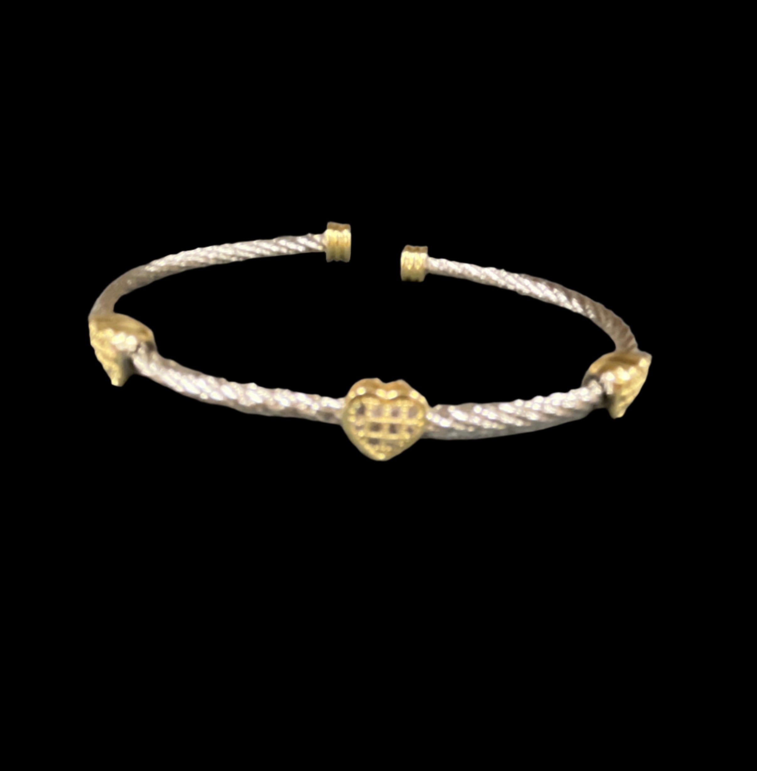 SILVER TWIST OPEN CUFF BRACELET WITH GOLD PAVE HEARTS