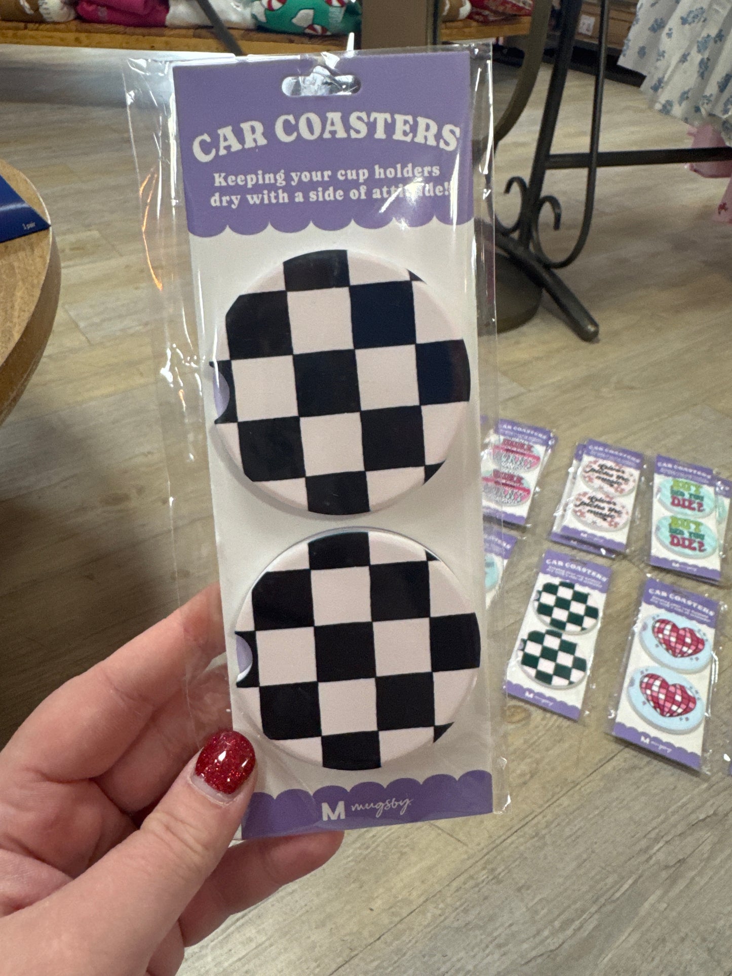 CAR COASTERS - 2PC - CHECKERED BLACK