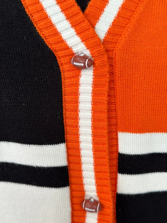 BLACK & ORANGE COLORBLOCK FOOTBALL ICON BUTTON UP SWEATER VEST