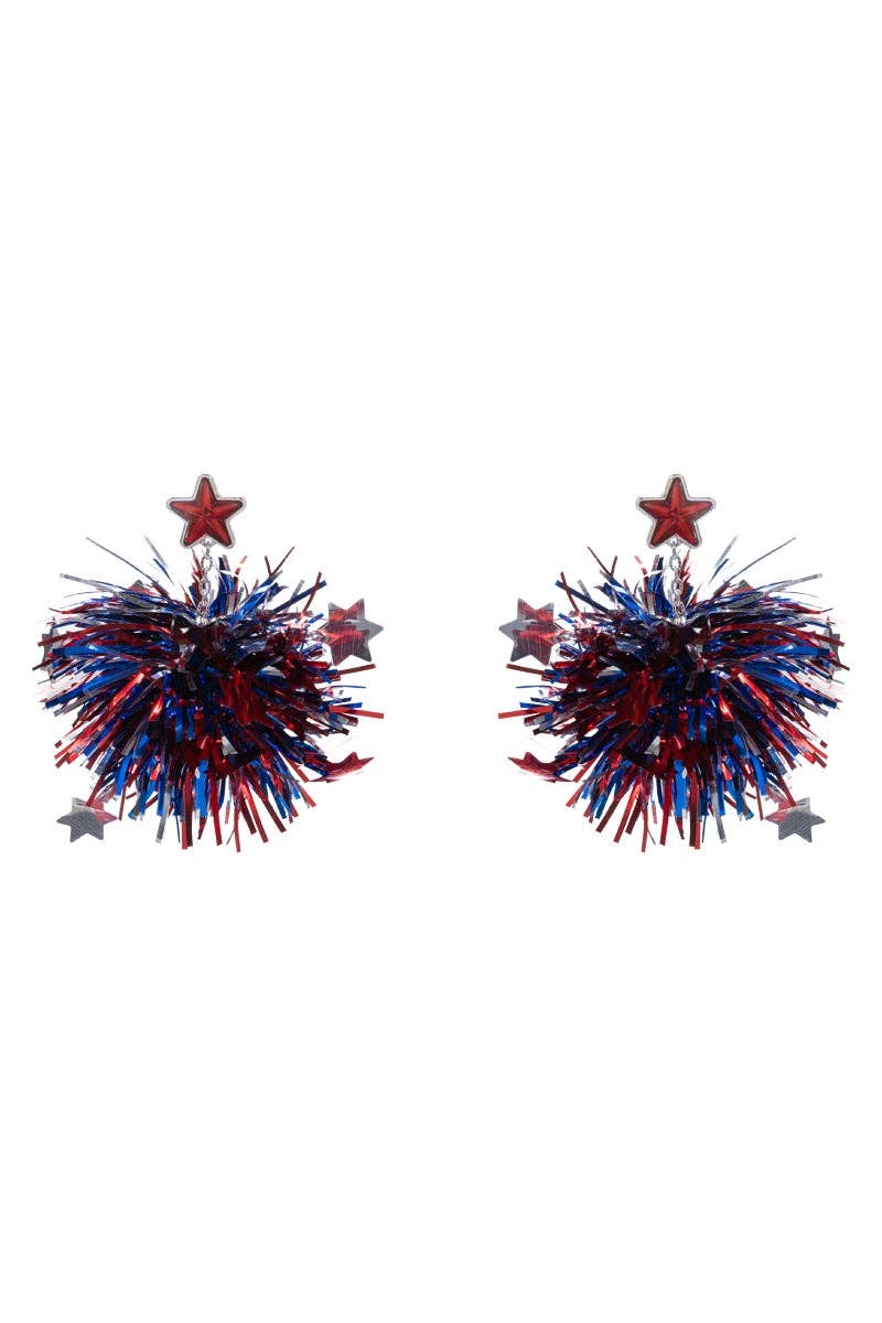 Star Stone American Flag Color Pompom Post Earrings