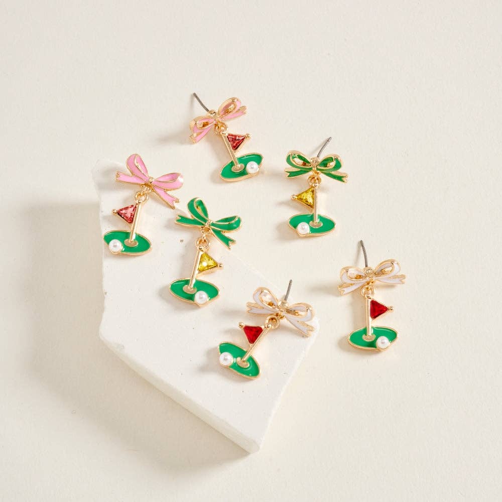 ENAMEL GOLF FLAG MARKER RIBBON BOW STONE PEARL EARRINGS