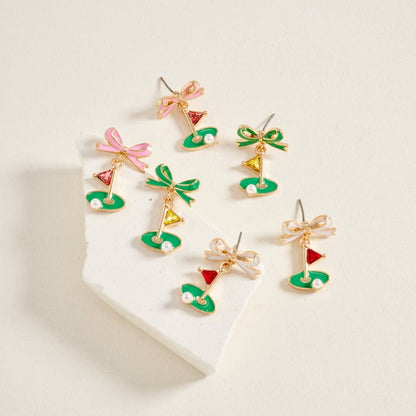 ENAMEL GOLF FLAG MARKER RIBBON BOW STONE PEARL EARRINGS