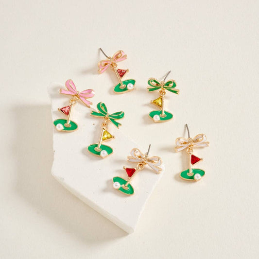 ENAMEL GOLF FLAG MARKER RIBBON BOW STONE PEARL EARRINGS