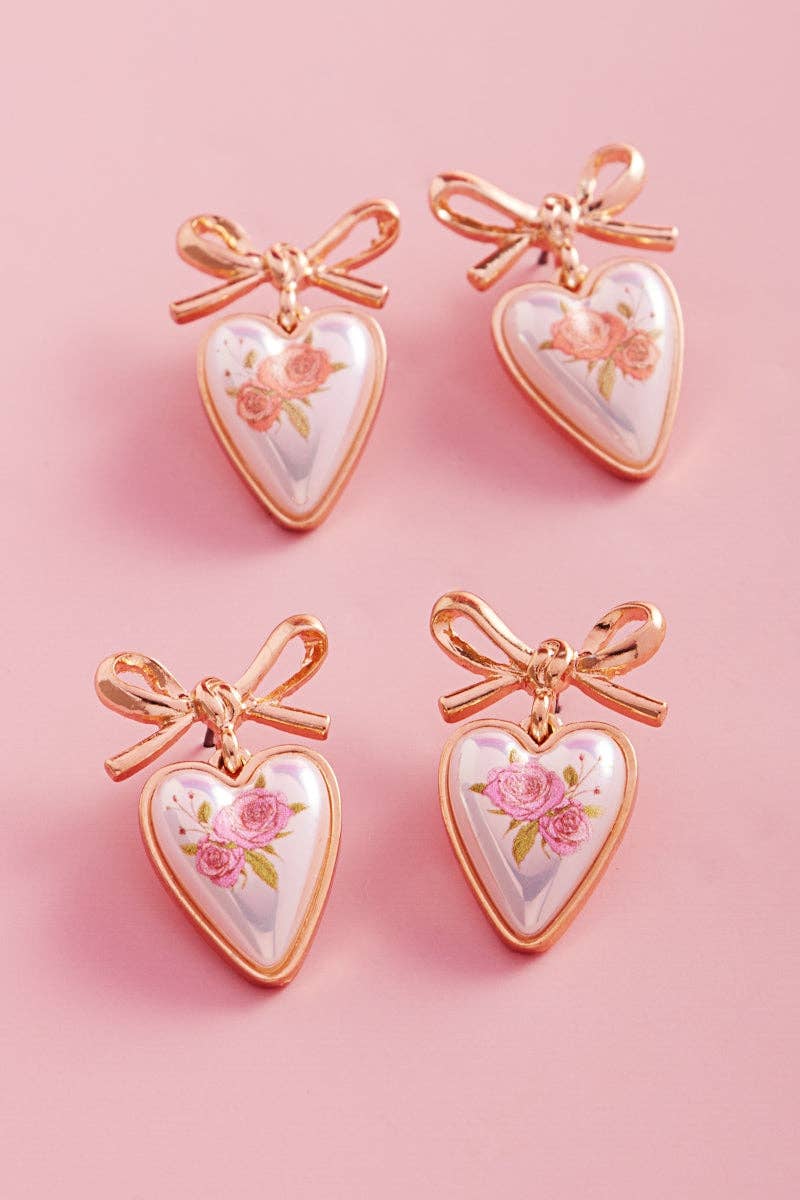 Valentines Heart Pearl Flower Print Post Earrings