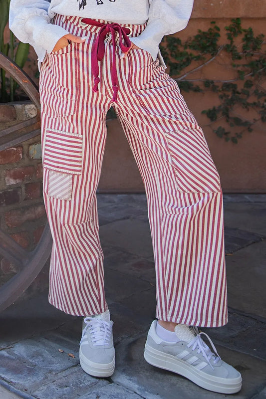 STRIPED DRAWSTRING BARREL PANTS - RASPBERRY