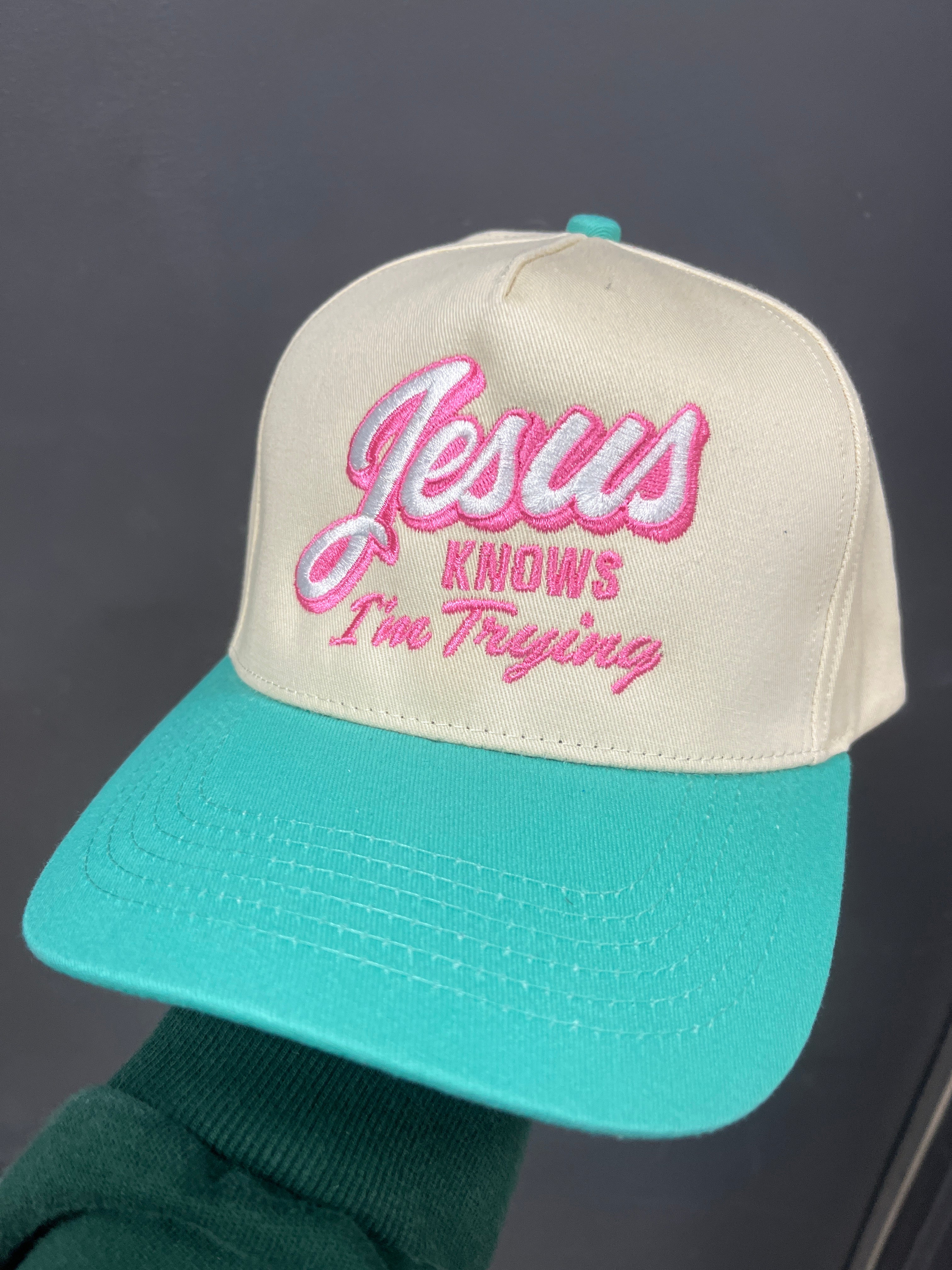 PINK/TURQUOISE HAT - JESUS KNOWS I'M TRYING